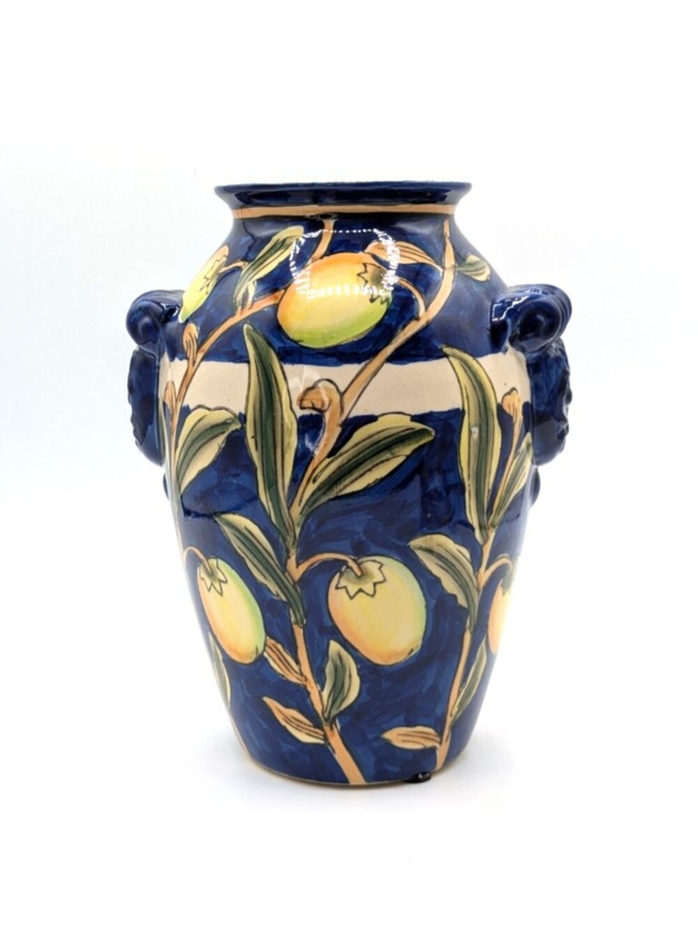Vintage Handled Vase Cobalt Blue Majolica Mango Branch Ceramic 8"